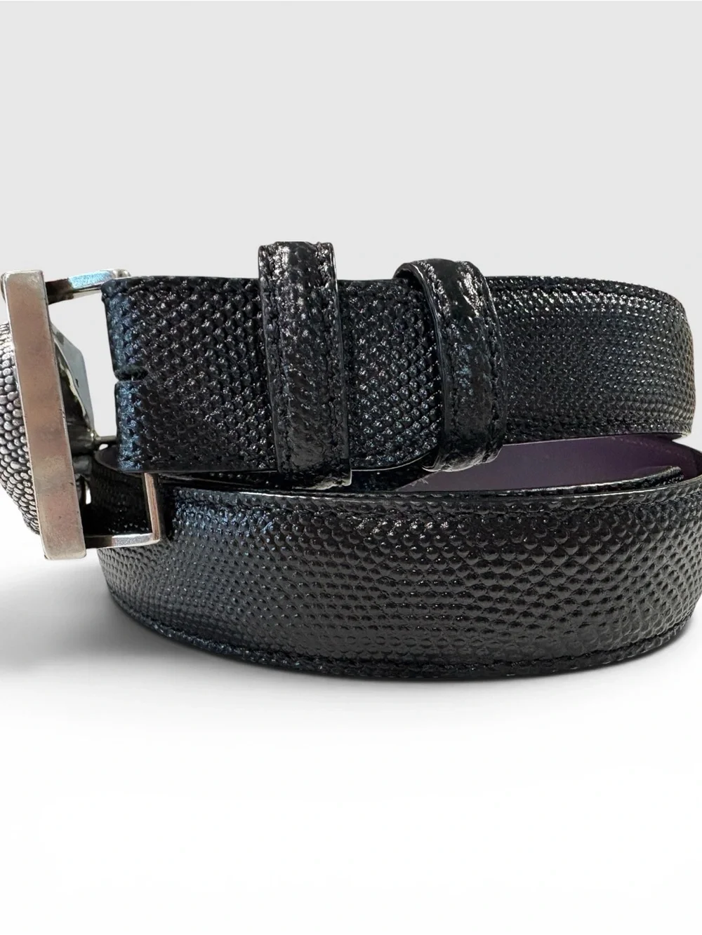 Rare Elliot Rhodes London Chameleon Buckle Glossy Carung Texture Espresso Belt